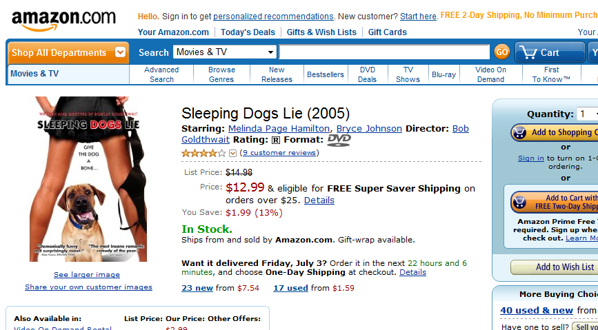 2009 07 02 - Amazon.com- Sleeping Dogs Lie- Melinda Page Hamilton, Bryce Johnson, Geoffrey Pierson, Colby French, Jack Plotnick, Bonita Friedericy, Brian Posehn, Morgan Murphy, Steve Agee, Lisa Salzano, Candiss Cogdi.png